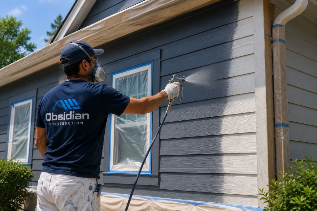 Obsidian Construction spray-painting residential lap siding