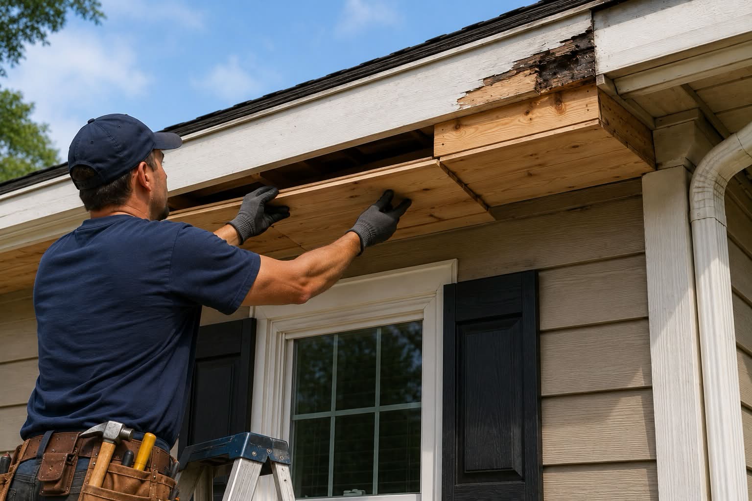 Installing new soffit boards along a residential fascia