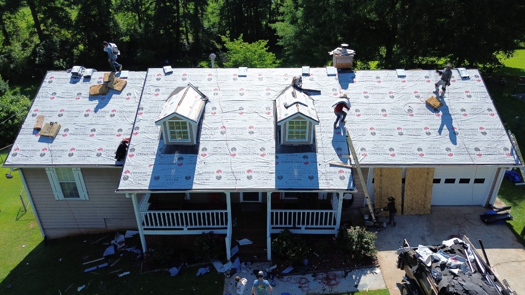 Roof replacement progress with underlayment installed